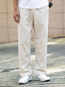 Men's Solid Linen Pants, Loose Casual Comfy Straight Leg Trousers for Spring & Fall, Men Bottoms for Daily Wear, Beige