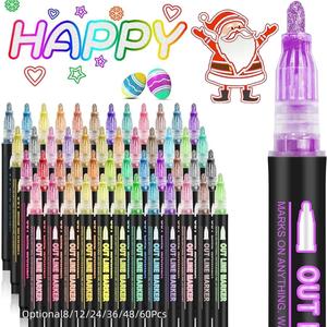 Double-Line Outline Art Marker Pen Set, 8, 12, 24, 36, or 48 Colors DIY Graffiti Highlighter Pens, Paint Pens Markers for Scrapbook, Poster and Card Coloring, Drawing Supplies