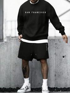 Men's Letter Print Sweatshirt & Track Shorts Set, Casual Loose Long Sleeve Pullover & Shorts, Summer Clothes Set for Men