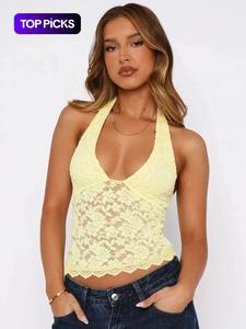 Women's Solid Sheer Backless Halter Neck Top, Fashion Casual Plunge Neck Sleeveless Top for Daily Outdoor Wear, Ladies Clothes for All Seasons