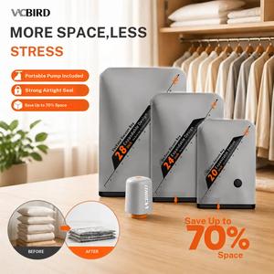 [Summer Holiday] Vacbird Vacuum Compression Storage Bags with Rechargeable Cordless Electric Pump, Portable Space Saver Compression Bags & Organiser for Travel, Clothes, Blankets & Seasonal Storage