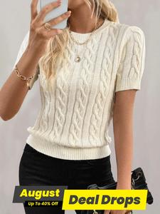 Women's Plain Crewneck Sweater Pullover, Casual Short Sleeve Jumper for Daily Outings, Ladies Knitwear for All Seasons, Knitting Womenswear