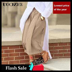 UOOZEE Women's Loose Solid Color Capri-Pants Cropped Trousers, 100% Cotton Summer Comfortable Breathable Fabric, Daily Versatile Elastic Waistband Lantern Pants with Pockets