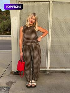 Two-piece Set Women's Gingham Print Tank Top & Wide Leg Pants, Casual Fashion Cozy Outfits for Daily Outdoor Wear, Women Clothes for Spring Fall