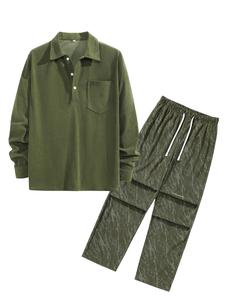 Men's Solid Color Button Front Corduroy Top & Drawstring Waist Pants Set, Loose Casual Fashion Cozy Breathable Two-piece Outfits for Daily Outdoor Wear, Men Clothes for Spring & Fall