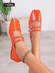 Women's Fashionable Elegant PU Leather Square Toe Mary Jane Shoes, Casual Comfortable Orange Flat Shoes for Daily Wear, Lightweight Breathable Shoes for All Seasons, Footwear