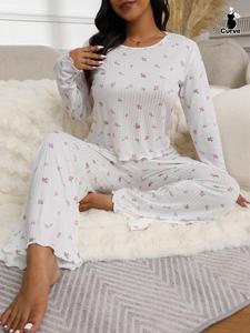 【Plus Size】 Two-Piece Set Ditsy Floral Print Lettuce Trim Long Sleeve Tee & Elastic Waist Pants Pajamas, Women's Sleepwear & Loungewear for Spring & Fall
