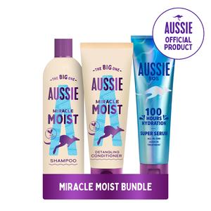 Aussie Miracle Moist Bundle : Shampoo, Detangling Conditioner, Super Serum Leave In Treatment to Revive Dry Hair