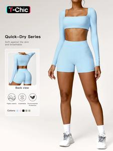 Women's Solid Long Sleeve Crop Tee & High Waist Shorts Tracksuit Set, Sporty Square Neck Top & Short Leggings for Yoga, Ladies Sportswear, High Stretch Activewear, Athletic Sets, Workout Running Clothes, Gym Sets, Athleisure Set, Sporty High Stretch