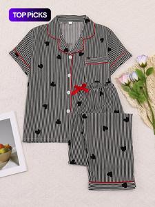 Women's Sleepwear Set, Sweet Casual Home Clothes, Short Sleeve Pajamas Bow Tie Pants, Elegant Simple Striped Heart Print, All Seasons Wear