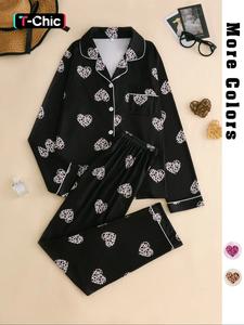 Women's Two-Piece All-Over Print Leopard Heart Lapel Collar Pocket Shirt & Elastic Waist Pants Pajama Set, Casual Comfy Long Sleeve Button-Up Top & Trousers PJ Set, Women's Sleepwear & Loungewear for Spring & Fall