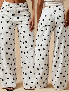 High Waist Polka Dot Wide Leg Jeans, Summer Versatile Pants, Vintage French Style Chic, Hip Hiding Slimming Long Legs, Wear All Year Round