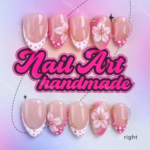 Y2K Short Chubby Almond Press-On Nails 10pcs, 100% Handmade Wearable Nails with 4 Sizes (XS,S,M,L) - White French, Black Polka Dots & Pink Carved Flowers, Perfect Gift for Girls! Includes Jelly Glue, Crystal Stick & Nail File