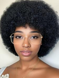 100% Human Hair Coily Wig with Bangs, Natural Fluffy Wigs for Women, Human Hair Full Machine Wigs for Party, Daily Use