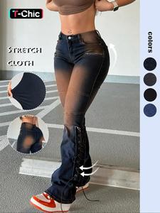 Women's Faded Pocket Button Fly Flare Leg Stretchy Denim Medium Jeans, Casual Street Comfy Lace Up Trousers Pants for Daily Wear, Ladies Bottoms for All Seasons, Womenswear
