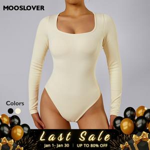 Mooslover Women's Bodysuits Sexy Ribbed One Piece Square Neck Long Sleeve Bodysuits