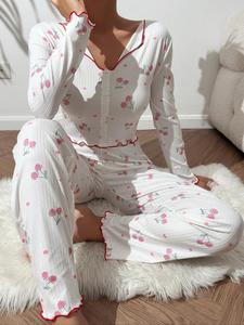 2 Piece Set Women's Cherry Print Lettuce Trim Pyjama Set, Collar V Neck Button Decor Crop Top & Bow Front Pants Pj Set, Comfy Sleepwear Set for Spring & Fall,  Pyjamas for Women, Lounge Set for Women