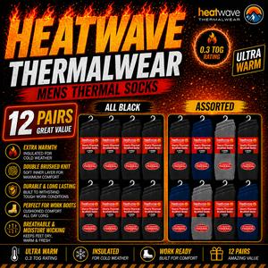 Heatwave Thermalwear 12 Pairs Mens Black Thermal Socks Warm Work Boot Socks Superior Insulation Cold Weather Double Brushed Advanced Knitting Technology Extra Warmth