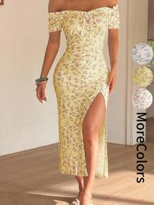 Summer Women's Ditsy Floral Bodycon Dress, Bohemian Style Casual Dress, Off-Shoulder Split Dress, Perfect for Daily, Holiday, Vacation Wear