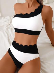 Women's Two-Piece Bikini Set with Petal Trim Design, Stylish Asymmetrical One-Shoulder Swimsuit for Beach Fashion, Swimsuit Style Bikini, Bathing Suit