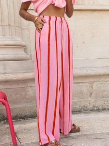 Women's Pink Vertical Striped Wide Leg Pants, Casual Fashion Trousers, Loose Versatile Long Trousers, Comfortable Bottoms For Summer Beach Vacation