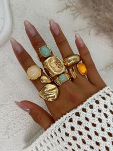 7 Pieces Vintage Unique Geometric Gemstone Inlaid Ring Set, Women's Bold Metal Rings, Perfect for Daily Wear and Party Jewelry Gifts