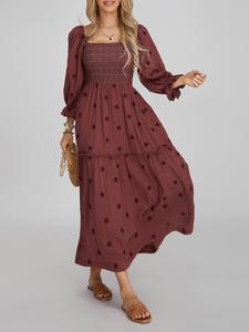 Women's Floral Embroidery Pocket Shirred A Line Dress, Boho Fashion Long Sleeve Square Neck Dress for Daily Holiday Vacation Wear, Ladies Dress for All Seasons