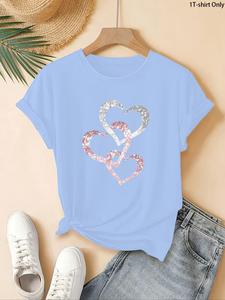 Women's Shiny Glitter Heart  Print Round Neck Sports Tee, Casual Comfortable Breathable Short Sleeve Crew Neck T-shirt for Daily Outdoor Wear, Ladies Sportswear for All Seasons