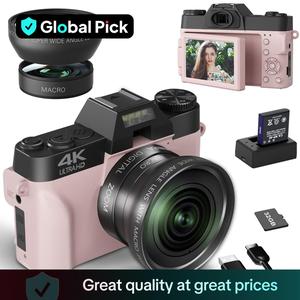 4K Digital Camera, 56MP Camera with 180° Flip Screen, Vlogging Camera, Autofocus Camera with 16X Digital Zoom, Wide Angle & Macro Lens Camera