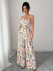 Women's Floral Print Wide Leg Jumpsuit, Elegant Sleeveless Jumpsuit for Summer, Women's Jumpsuit for Beach Holiday, Floral Print Overalls