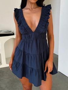 Casual Dress for Summer, Women's Plain Deep V Neck Dress, Women's Clothes for Daily Wear, Womenswear