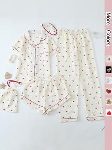 Women's Two-piece Set All Over Cherry Print Contrast Binding Pyjama Set, Casual Lapel Pocket Shirt & Elastic Waist Pants & Shorts, Women's Sleepwear for All Seasons, Matching, Womenswear, Pajama Set, Home Wear Loungewear