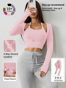 Women's Solid Color Long Sleeve Thumb Hole Design Halter Neck 2 in 1 Sports Tee for Yoga Gym Workout, Ladies Sportswear for All Seasons Gym Tops