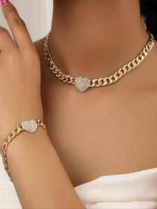 Women's Elegant Rhinestone Decorated Heart Design Necklace & Bracelet Set, Matching Jewelry Set, Exquisite Trendy Chain Design Jewelry Set, Fashionable Jewelry Set As Gift for Women, Glamour Set, Jewellery Gift Set