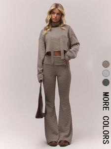 Women's Striped Long Sleeve Round Neck Tee & Pants Set, Autumn Vintage Style Casual, Spring Fall Fashion Clothing