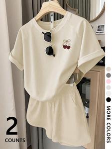 Two-Piece Set Women's Cherry Print Tee & Shorts, Casual Fashion Cozy Fabric Round Neck Short Sleeve T-shirt & Shorts for Daily Outdoor Wear, Ladies Summer Clothes, Suits