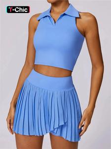 Two-Piece Set Women's Solid Tracksuit Set, Fashion Crop Tank Top & Pleated Skirt, Sporty Breathable Outfits for Gym Workout Running, Ladies Summer Sportswear, Stylish Activewear