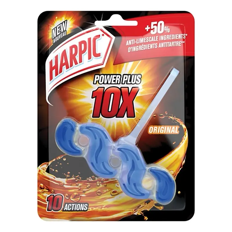 Harpic Power Plus 10x Original Rim Block, a toilet bowl cleaner and freshener. It is designed to hang on the rim of the toilet bowl and release cleaning agents with each flush