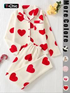 Two-piece Set Women's All Over Cartoon Bear Print Lapel Collar Top & Elastic Waist Pants Pajama Set, Long Sleeve Button Up Top & Pants Pj Set, Women's Sleepwear for Winter