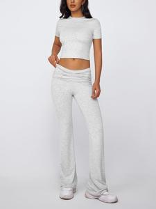 Women's Solid Crop Tee & High Waist Flare Leg Pants Set, Casual Short Sleeve Round Neck Tee & Trousers For Summer, Summer Outfits, Ladies Clothes For Daily Wear