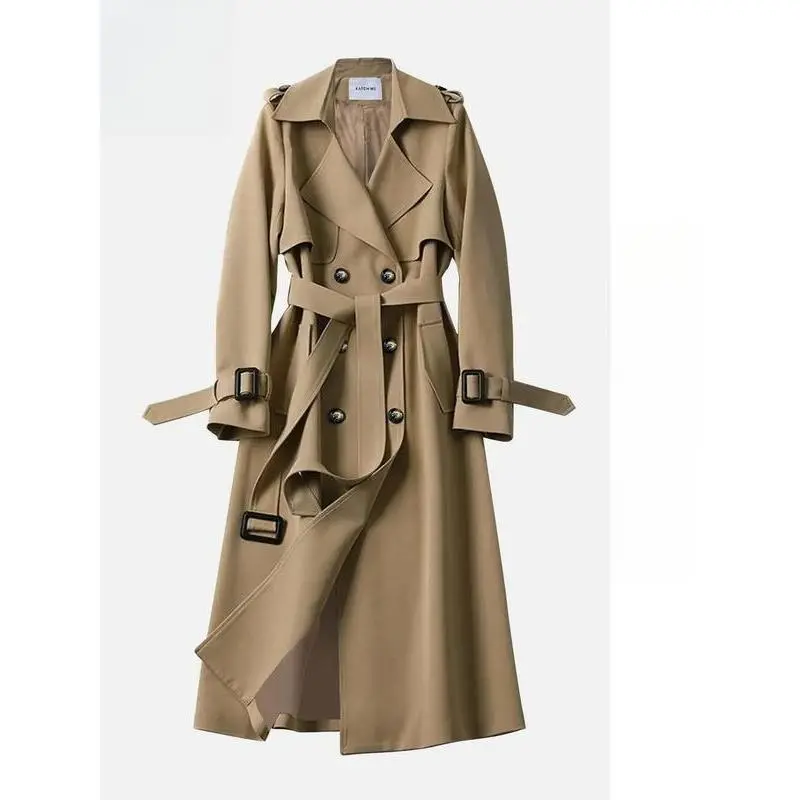 2025 Women's Solid Double Button Belted Trench Coat, Elegant Lapel Neck Long Sleeve Coat for Fall & Winter, Women's Clothing for Daily Wear, Clothing for Women