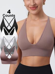 Women's Solid Criss Cross Backless Padded Sports Bra, Pickleball & Tennis Clothes, Adjustable Strap Stretch Sports Bra, Ladies Sportswear for Indoor Outdoor Wear, Workout Bra, Strappy Sports Bra, Gift for Halloween/Christmas