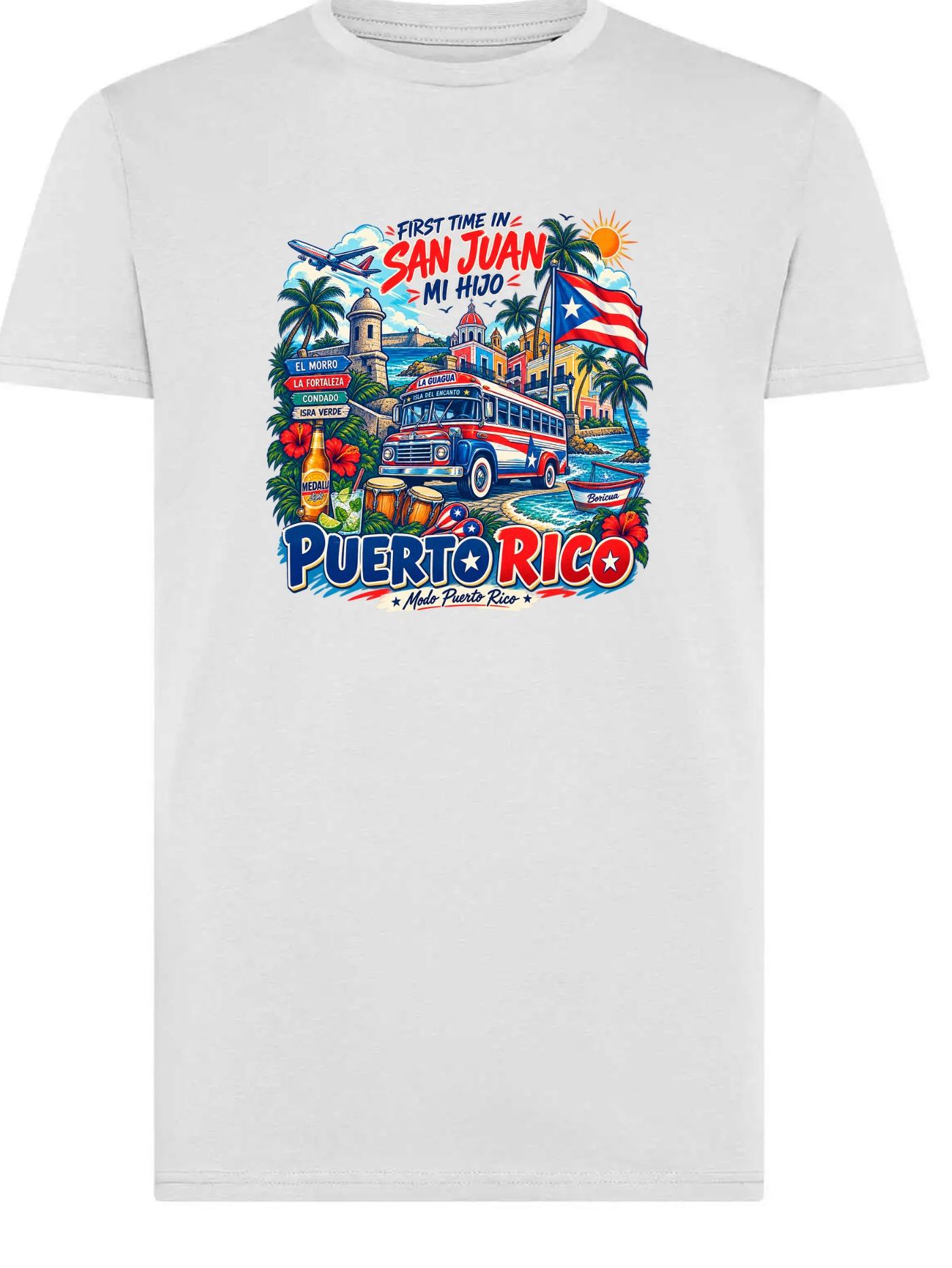 T-shirt Puerto Rico First Time in San Juan bianca e nera 100% cotone estivo comodo con grafica colorata e dettagli caraibici per viaggiatori