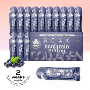 Benjamin Button 14x BlackCurrant 12,000mg Marine Collagen Liquid Sachets with Hyaluronic Acid & Vitamin C 2 Weeks Supply