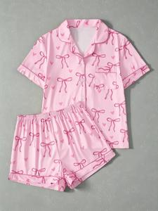Mother's Day Gifts, Women's Bow Print Crop Shirt & Shorts Pyjama Two-piece Set, Casual Comfy Short Sleeve Pocket Top & Shorts Pj Set, Ladies Sleepwear for All Seasons, Loungewear