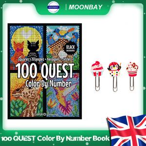 100 QUEST Colour By Numbers Colouring Book, Squares Triangles Hexagons Circles (Black Background), Children Adult Colour Exploration Activity Book
