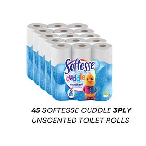 SOFTESSE Cuddle 45 Rolls Toilet Tissue, Blue Non Scented, 3 Ply, Executive Design - Sheets, Lightweight Towel Wall - Panda Cuddle