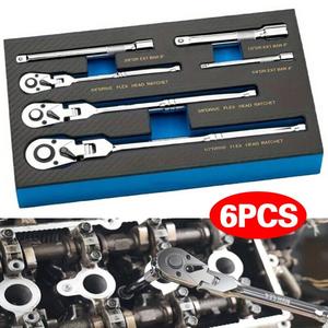 6pcs Flex Head Ratchet Set 1/4" 3/8" 1/2" Drive 180° Adjustable Swivel Head Ratchet Wrench with Extension Bar 72 Tooth with Foam Storage Box