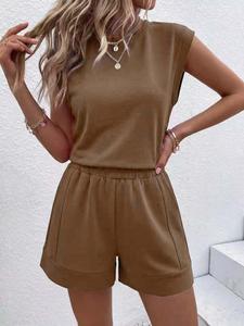 Women's Summer 2-Piece Set, Loose Fit Sleeveless Round Neck Sporty, Comfortable for Daily Wear and Sports, Plain Pattern