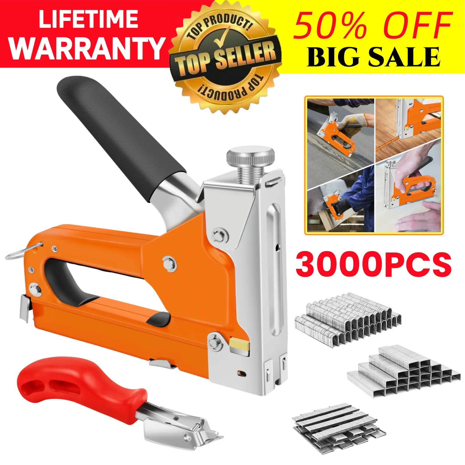 Heavy Duty Manual Hand Tacker Staple Gun - 3000 Staples 3 Type nails ...